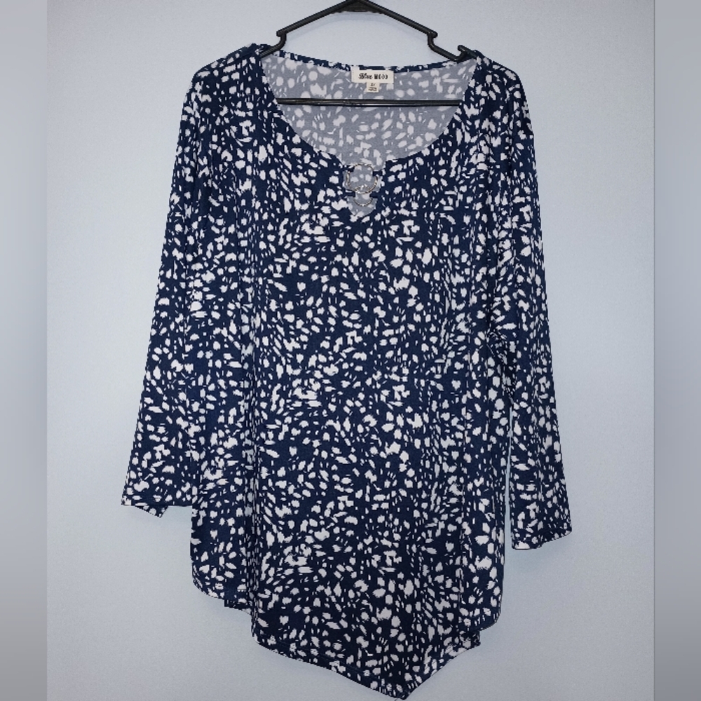 Blue Mood Elegant Navy and White Long Sleeve‎ Top 3X